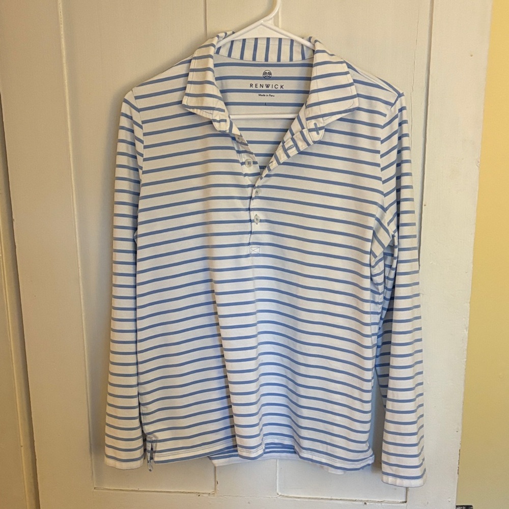 Renwick Blue and White Striped Long Sleeve Polo Shirt